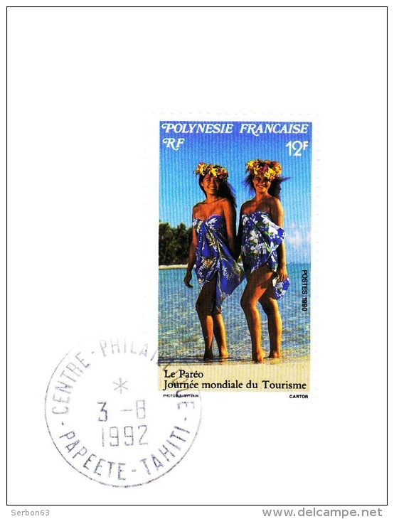 1 TIMBRE SOUS ENVELOPPE TRANPARENTE POLYNESIE FRANCAISE RF 12F OBLITERE LE PAREO JOURNEE MONDIALE DU TOURISME 3-8-1992 - Oblitérés