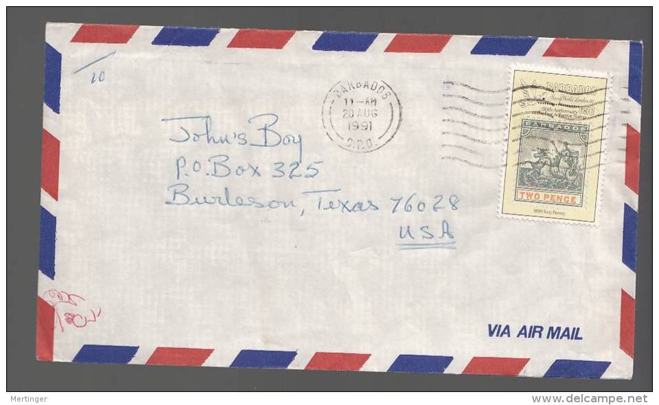 Barbados 1991 Airmail Cover To USA Stamp On Stamp - Barbados (1966-...)