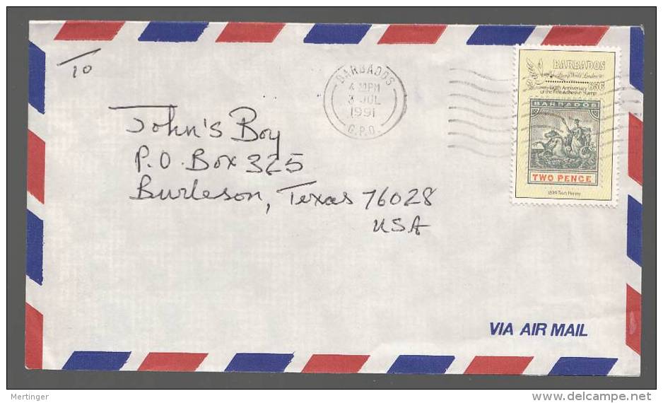 Barbados 1991 Airmail Cover To USA Stamp On Stamp - Barbados (1966-...)