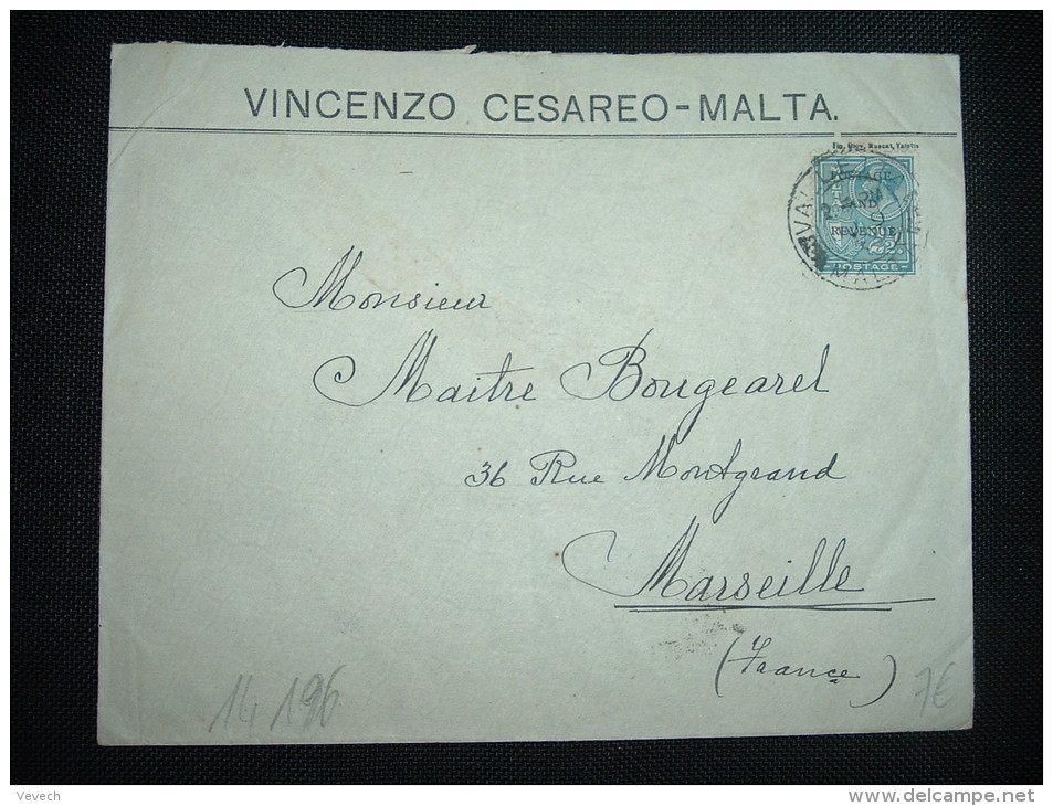 LETTRE POUR FRANCE TP 2 1/2 D SURCHARGE POSTAGE AND REVENUE OBL. JU 9 32 VALLETTA MALTA + VINCENZO CESAREO - Malte (...-1964)