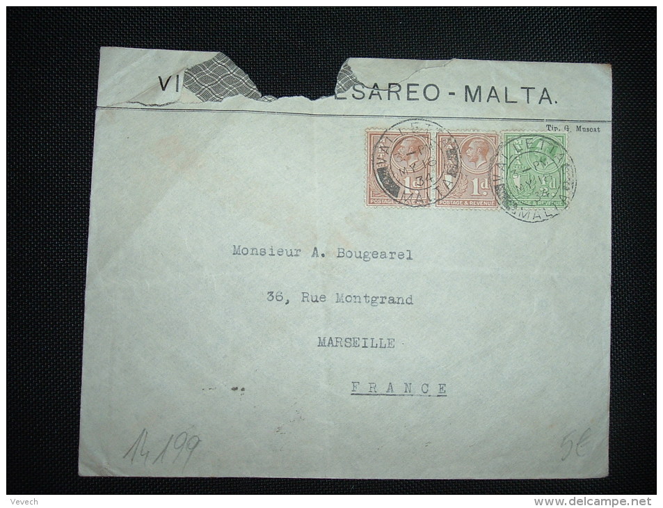 LETTRE POUR FRANCE TP 1D X2 + 1/2D OBL. MY 16 34 VALLETTA MALTA + VINCENZO CESAREO - Malta (...-1964)