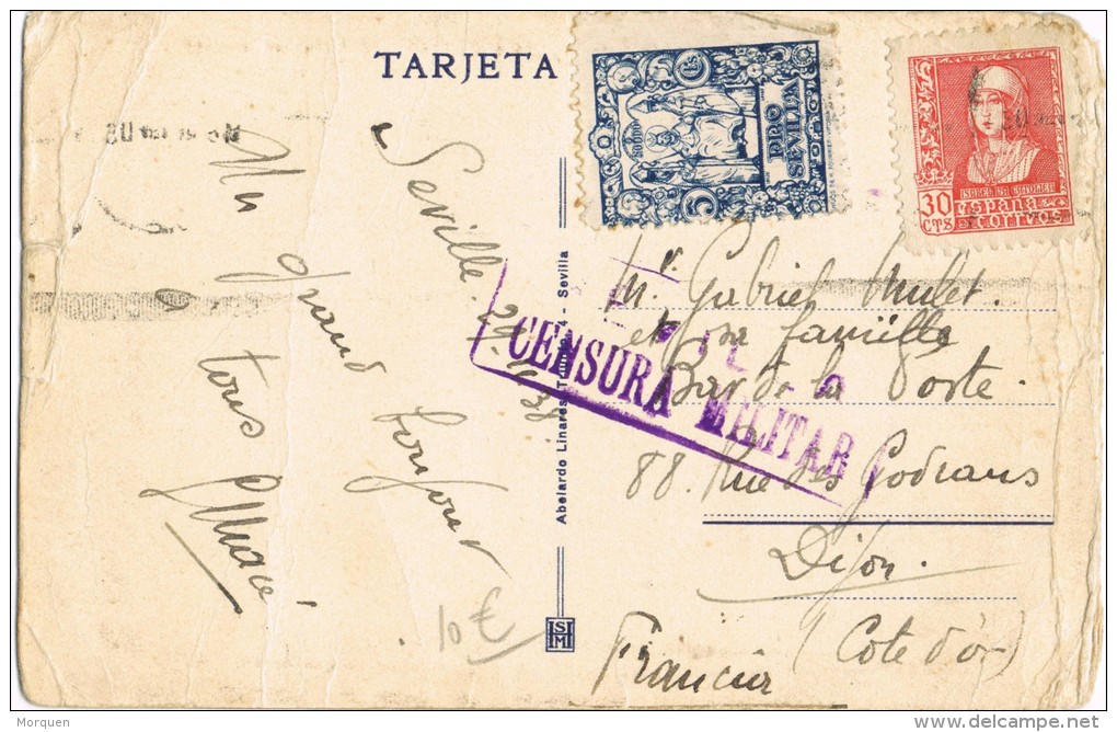 4053. Postal SEVILLA 1938, CENSURA Militar Y Viñeta Local Guerra - Lettres & Documents