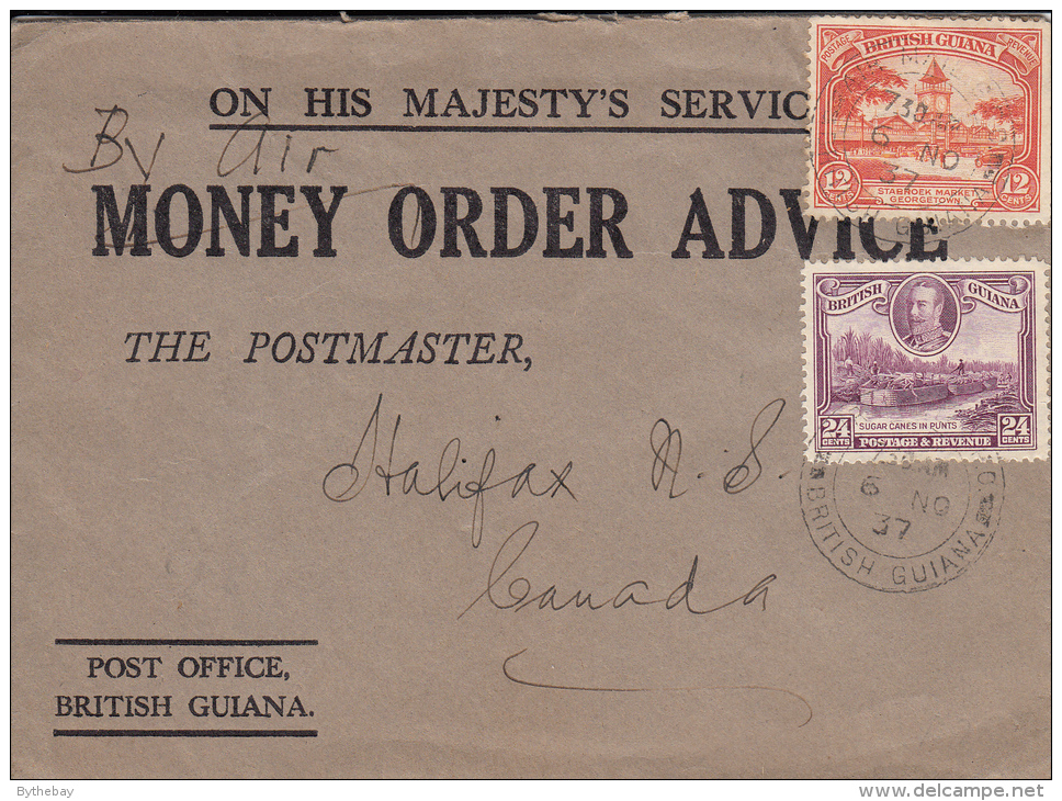 British Guinea Cover Airmail To Halifax, NS On His Majesty´s Service Money Order Advice Franked With George V 12c, 24c - Guyane Britannique (...-1966)