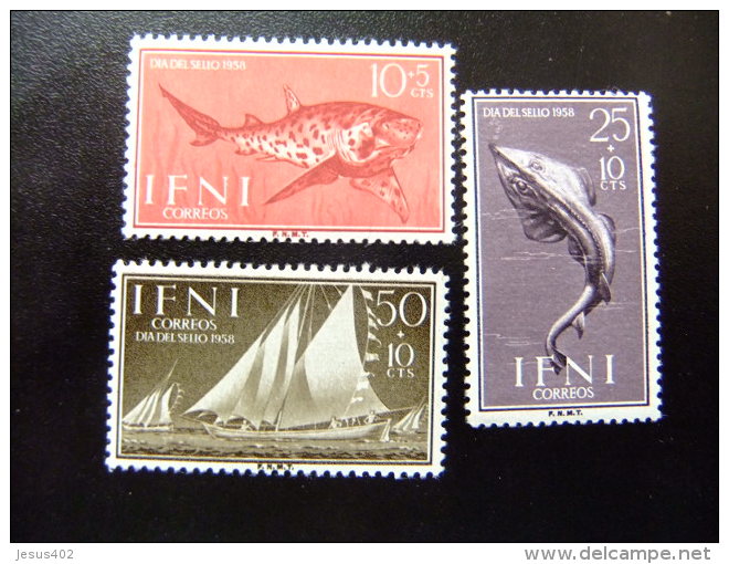 IFNI Año 1958 FAUNA PECES - TRANSPORTE BARCOS -DIA DEL SELLO  Edifil Nº149 - 151 ** Yvert 123 - 125 ** - Ifni