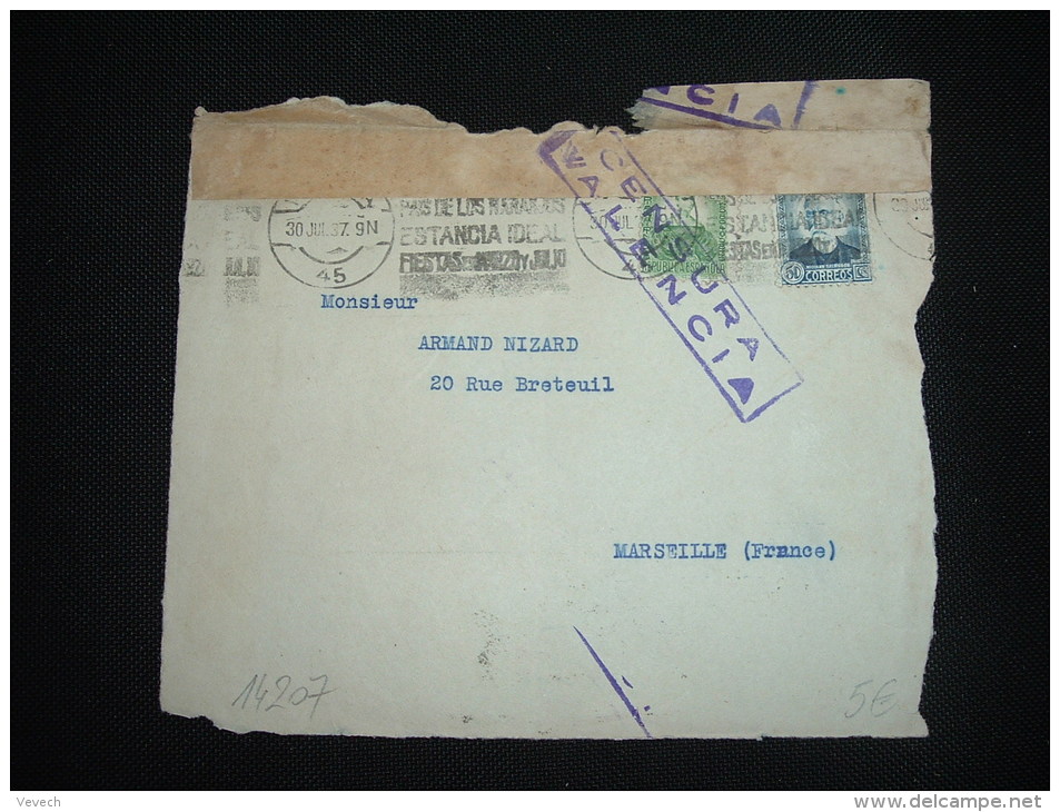 DEVANT DE LETTRE POUR FRANCE TP 50C + 10C OBL.MEC. 30 JUL 37 VALENCIA + CENSURA VALENCIA - Republicans Censor Marks