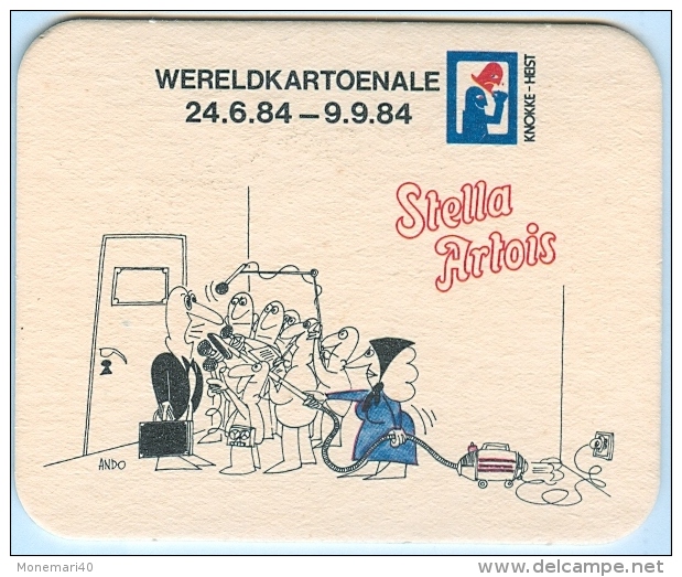 Sous-bock STELLA ARTOIS  - WERELDKARTOENALE - 24.6.84 - 9.9.84 - KNOKKE-HEIST (Dessin Ando) - Beer Mats