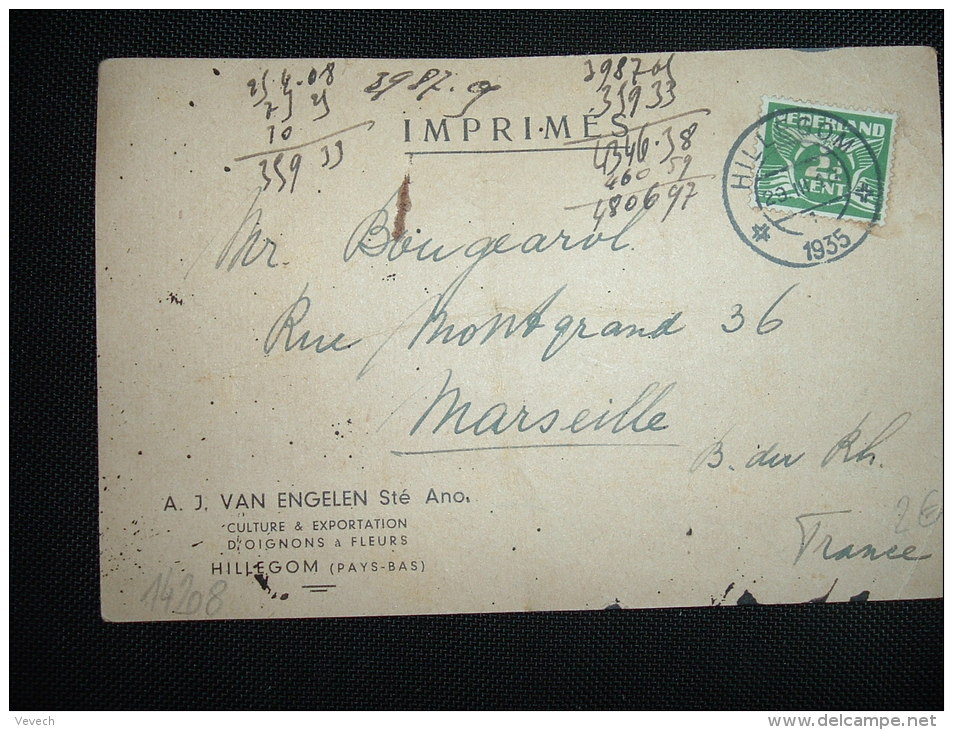 CARTE TARIF IMPRIME POUR LA FRANCE TP 2 1/2 C OBL. 29 III 10 HILLEGOM 1935 + VAN ENGELEN FLEURS - Brieven En Documenten