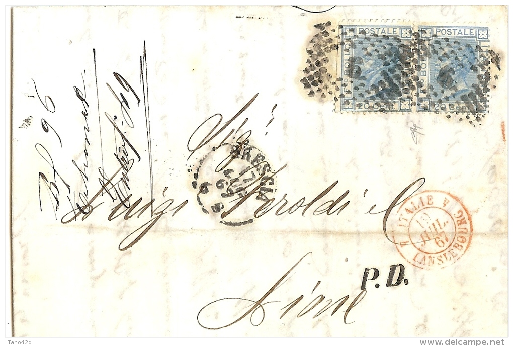 LBL18 - ITALIE LETTRE CLASSIQUE - VE II  20c X 2 SUR LETTRE BRESCIA /  LYON 17/7/1867 - Marcophilie