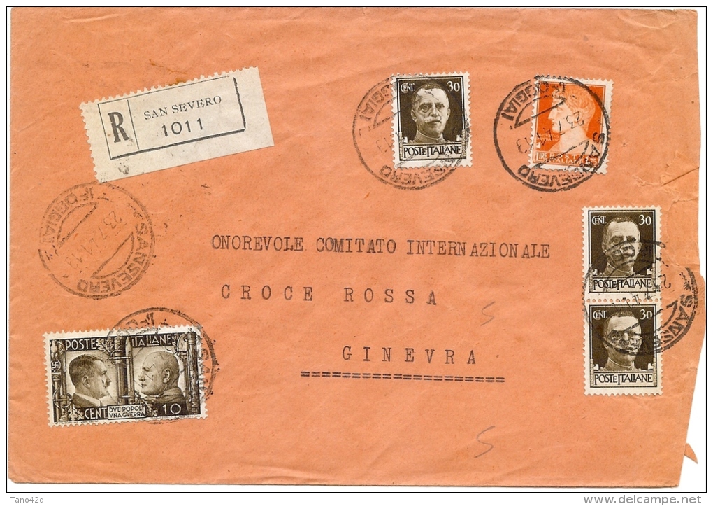 LBL18 - ITALIE - IMPERIALE ET PROPAGANDA SUR LETTRE REC. SAN SEVERO / GENEVE 23/7/1941  CENSUREE - Storia Postale