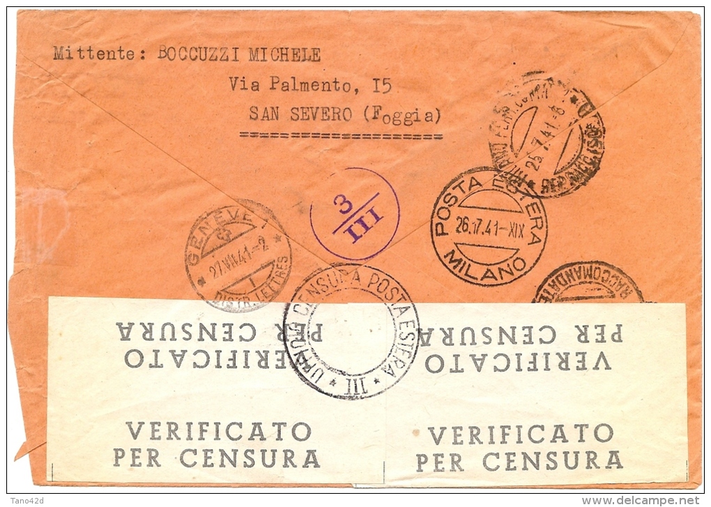 LBL18 - ITALIE - IMPERIALE ET PROPAGANDA SUR LETTRE REC. SAN SEVERO / GENEVE 23/7/1941  CENSUREE - Poststempel