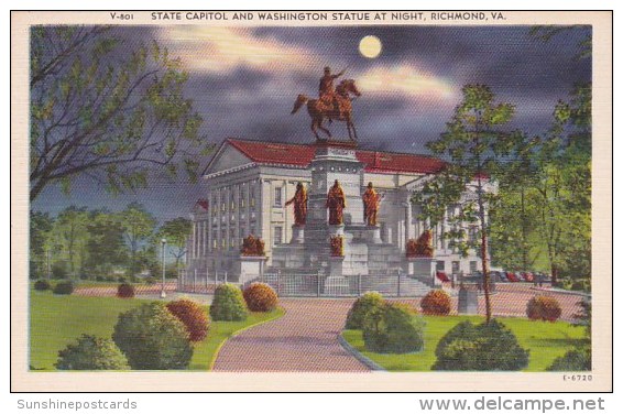 Virginia Richmond State Capitol And Washington Statue At Night - Richmond