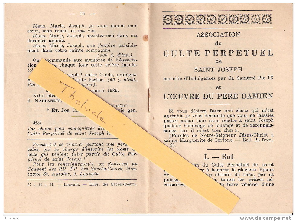 Religion Et Esotérisme-1939-Culte Perpétuel De Saint-Joseph Et  L´Oeuvre Du Père Damien- - Religion & Esotericism