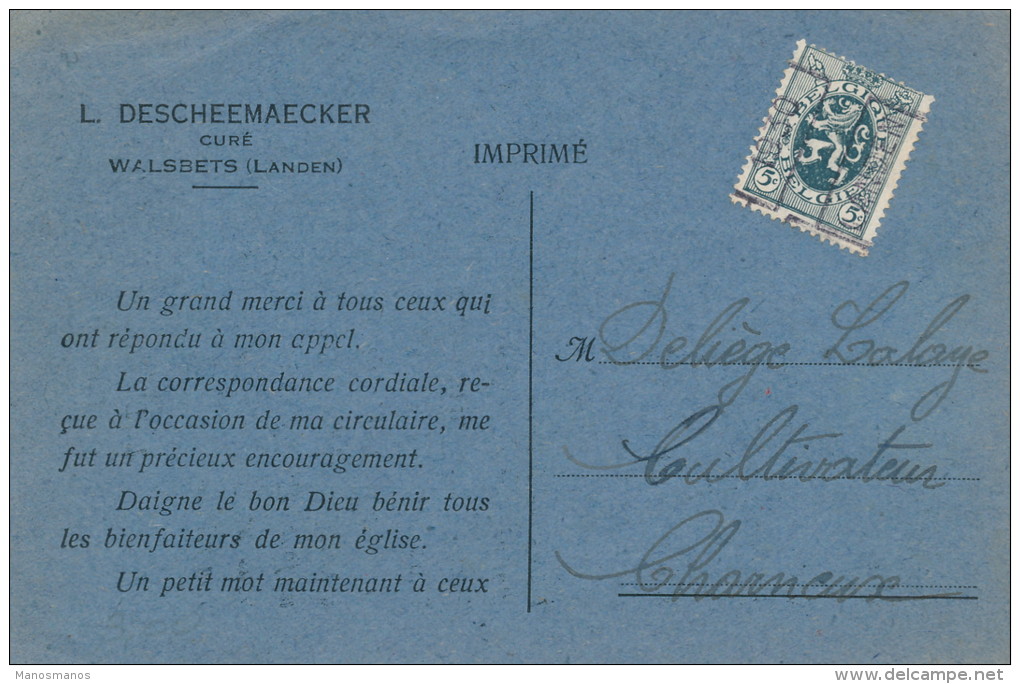 278/21 --  Carte IMPRIME Privé Du Curé De WALSBETS - TP PREO LANDEN Lion Héraldique 1930 - Typografisch 1929-37 (Heraldieke Leeuw)