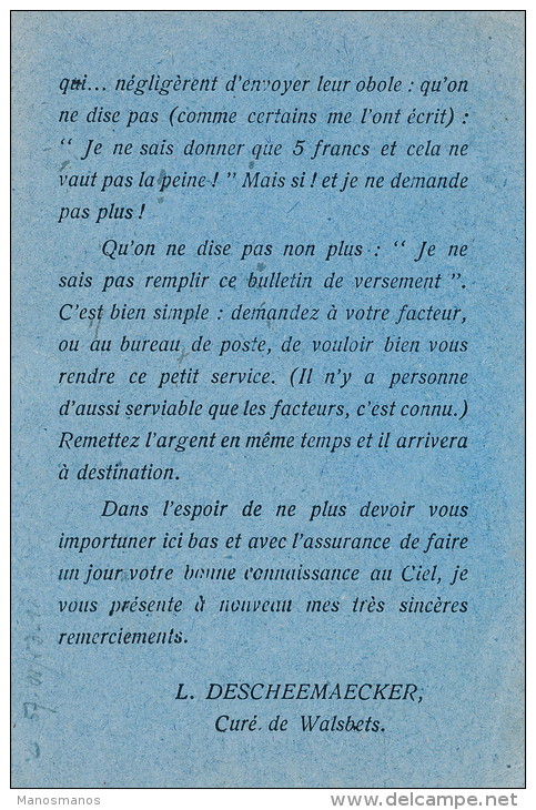 278/21 --  Carte IMPRIME Privé Du Curé De WALSBETS - TP PREO LANDEN Lion Héraldique 1930 - Tipo 1929-37 (Leone Araldico)