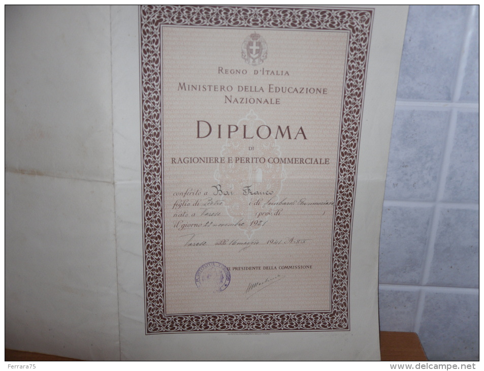 Varese Istituto Tecnico Diploma Di Ragioniere Perito Commerciale 1941 - Diploma & School Reports