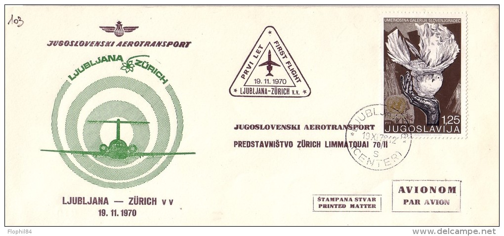 YOUGOSLAVIE-JUGOSLOVENSKI AEROTRANSPORT-LJUBLJANA-ZURICH LE 19-11-1970. - Luchtpost