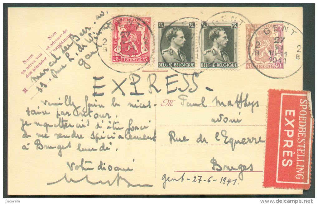 N°423-480(2) En Affranchissement Complémentaire Sur E.P. Carte 40 Centimes Lion Sceau De L'Etat Avec L'IMPRESSION BICOLO - Cartes Postales 1934-1951