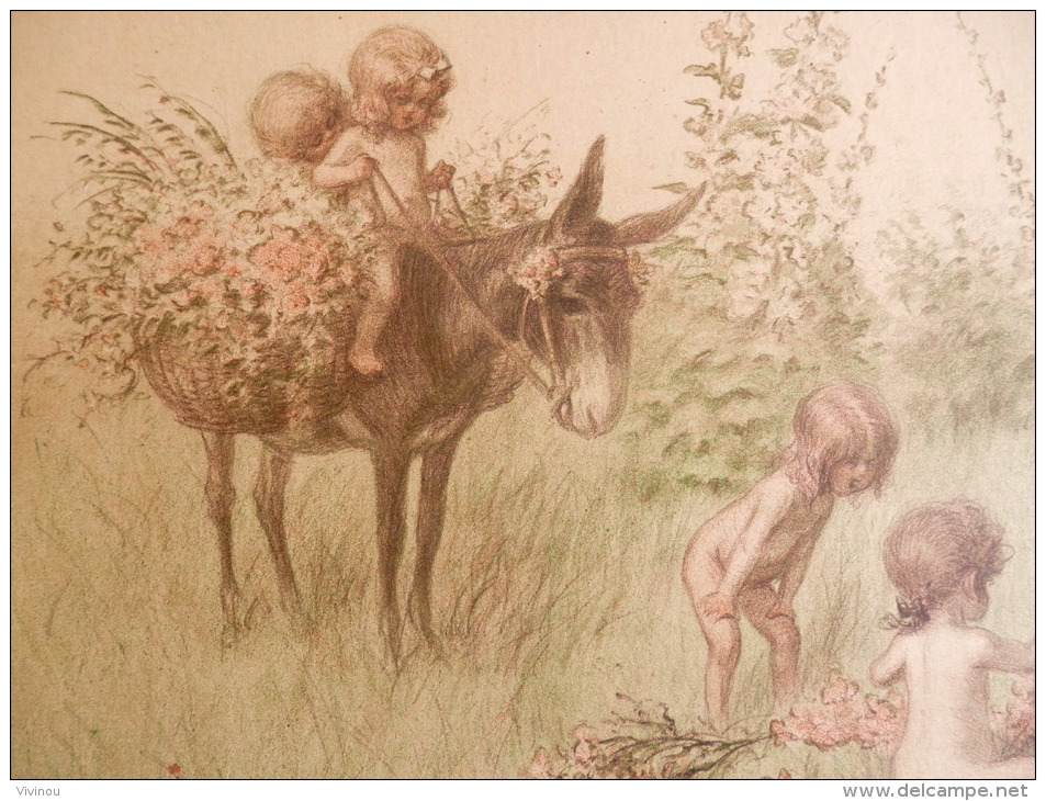 Dessin Original Signé Georges REDON  Enfants Esprit De La Forêt Fées Sylphes 39, 5 Cm X 30 Cm - Redon