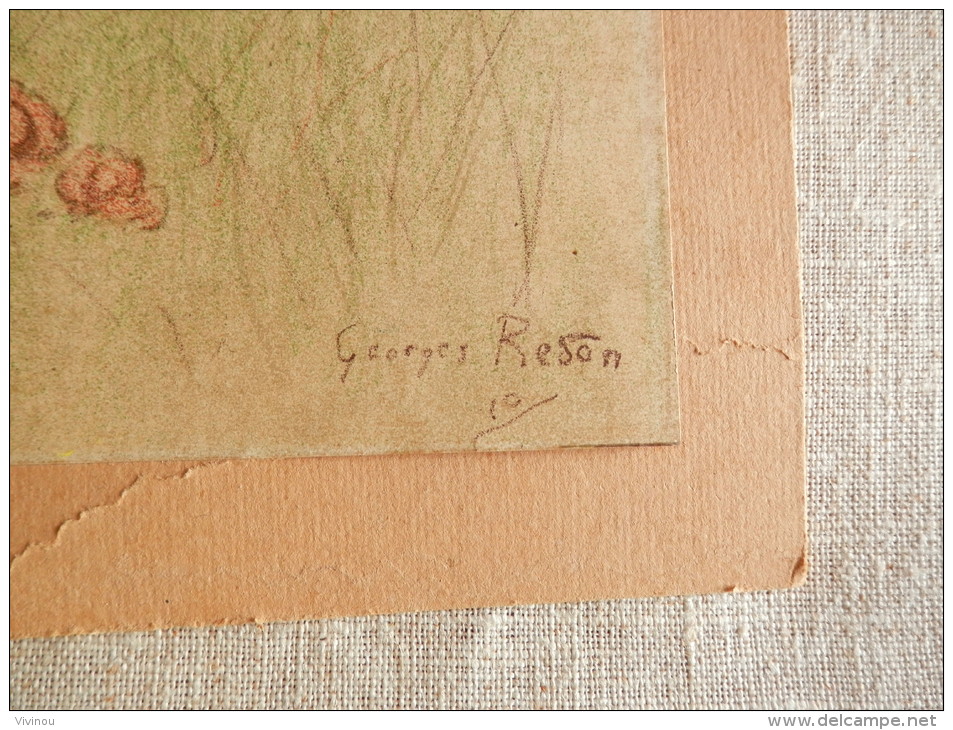 Dessin Original Signé Georges REDON  Enfants Esprit De La Forêt Fées Sylphes 39, 5 Cm X 30 Cm - Redon