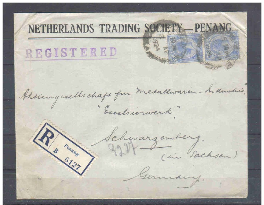 Britische Kolonie - Malaysia Straits Settlements - R - Brief  2.4.1924/Penang Nach Schwarzenberg (Germany) / Siehe Fotos - Straits Settlements