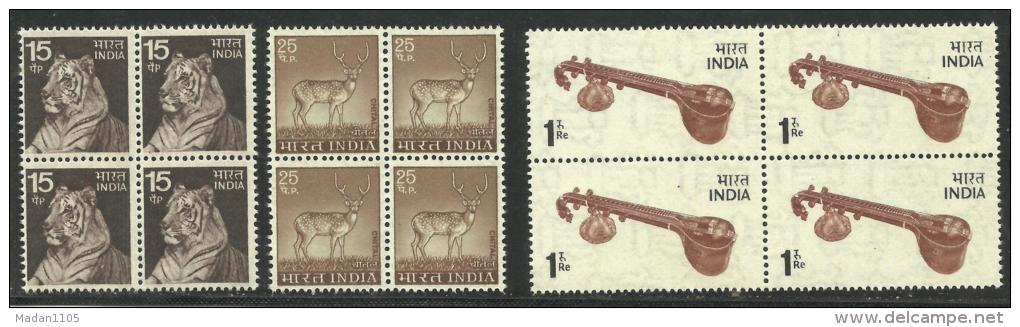 INDIA, 1974, DEFINITIVES, ( Definitive Series ), Set 3 V, Tiger, Cheetal, Veena, Block Of 4,   MNH, (**) - Neufs