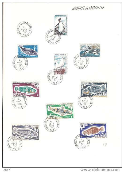 Timbres Oblitérés Sur Feuille Format A4 : N° 13A; 17; 22; 30; 34 à 38 - KERGUELEN 22/2/1971 - Gebraucht