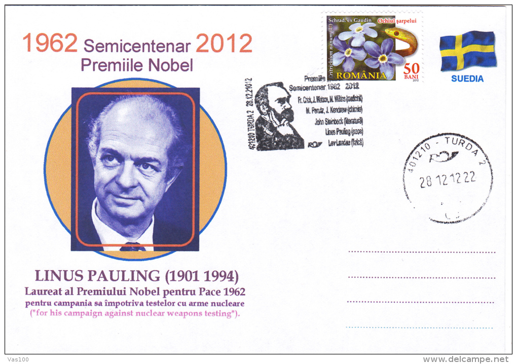 NOBEL PEACE PRIZE,LINUS PAULING - SUEDE,FOR HIS CAMPAIGN AGAINST NUCLEAR WREAPONS TESTING,SPECIAL COVER 2012 ROMANIA. - Atomo