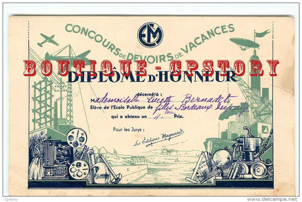 ECOLE < RARE Diplome Honneur Concours Devoirs Vacances à Bordeaux Edition Magnard - Projecteur Cinema + Mappemonde Etc.. - Diploma's En Schoolrapporten