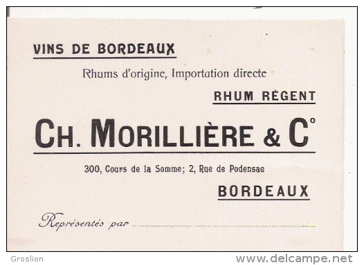 CARTE DE VISITE ANCIENNE ETS CH MORILLIERE ET CIE BORDEAUX VINS DE BORDEAUX RHUMS D'ORIGINE IMPORTATION DIRECTE RHUM REG - Visiting Cards