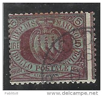 SAN MARINO 1892 CIFRA O STEMMA LIRE. 5 TIMBRATO VARIETA´ FIRMATO USED VARIETY SIGNED - Usados