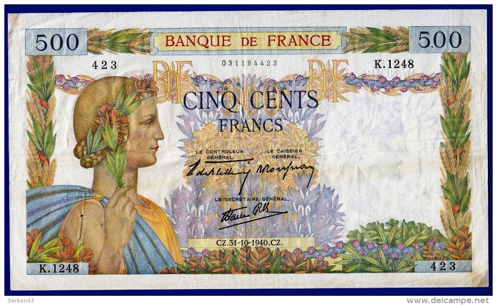 BILLET FRANCE 500 FRANCS LA PAIX TYPE 1939 ALPHABET K.1248 N°423 Du CZ.31-10-1940 TTB+ - 500 F 1940-1944 ''La Paix''