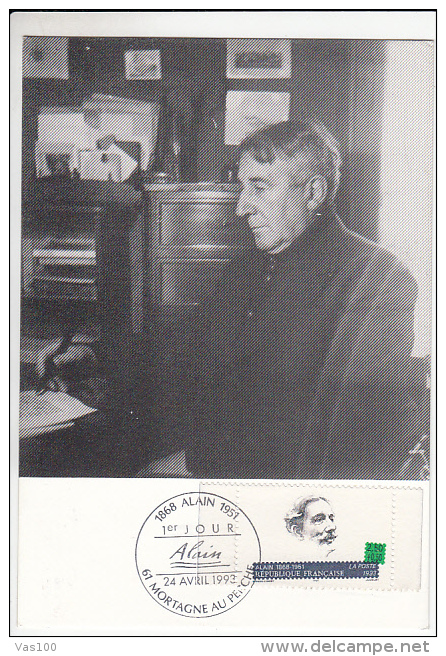 EMILE AUGUSTE CHARTIER- ALIAS ALAIN, WRITER, CM, MAXICARD, CARTES MAXIMUM, OBLIT FDC, 1993, FRANCE - Scrittori