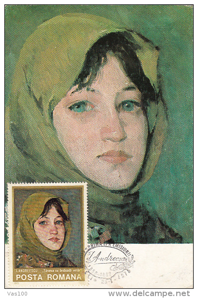 IOAN ANDREESCU- PEASANT GIRL WITH GREEN SHAWL, PAINTING, CM, MAXICARD, CARTES MAXIMUM, OBLIT FDC, 1975, ROMANIA - Other & Unclassified