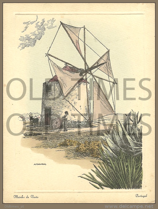 PORTUGAL - MOINHO DE VENTO - WIND MILL - MOULIN A  VENT - 50S ART SIGNED A.TABORDA GREETINGS CARD. - Autres & Non Classés