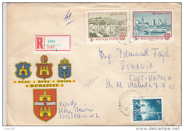 BUDAPEST COAT OF ARMS, SHIPS, TOWERS, REGISTERED SPECIAL COVER, 1975, HUNGARY - Briefe U. Dokumente