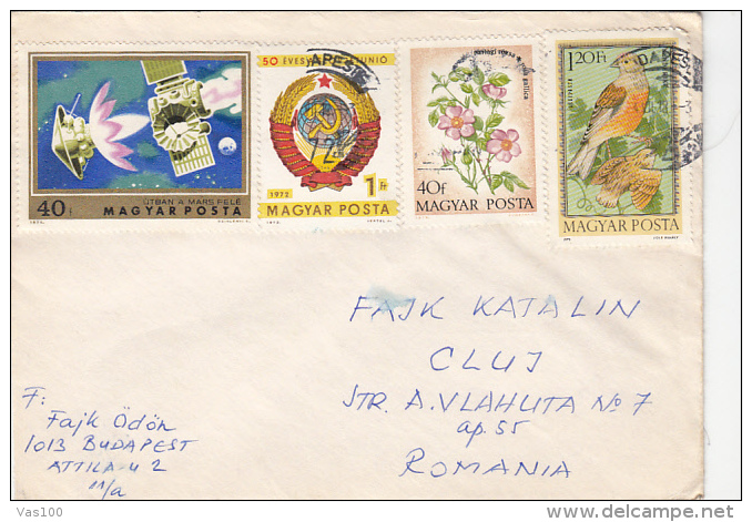 SPACE, COSMOS, SATTELITE, SPACE SHIPS, COMUNIST COAT OF ARMS, FLOWER, BIRDS, STAMPS ON COVER, 1974, HUNGARY - Storia Postale