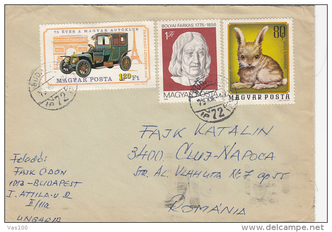RABBIT, VINTAGE CAR, BOLYAI FARKAS MATHEMATICIAN, STAMPS ON COVER, 1975, HUNGARY - Cartas & Documentos