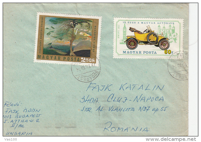 TREE PAINTING, VINTAGE CAR, STAMPS ON COVER, 1975, HUNGARY - Covers & Documents