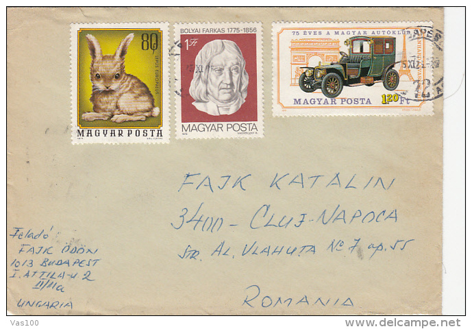 RABBIT, VINTAGE CAR, FARKAS BOLYAI, MATHEMATICIAN, STAMPS ON COVER, 1975, HUNGARY - Lettres & Documents