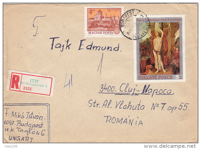 SAINT SEBASTIAN PAINTING, ESZTERGOM CASTLE, STAMPS ON REGISTERED COVER, 1976, HUNGARY - Storia Postale