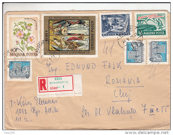 ANGELS PAINTING, FLOWERS, CAR, PUBLIC ROADS TRAFFIC, POST SERVICE, STAMPS ON REGISTERED COVER, 1974, HUNGARY - Lettres & Documents