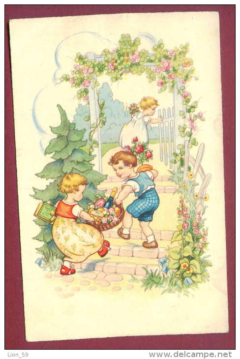 131497 / Illustrator - Return Of The Market In Three Children With A Basket Full Of Food And Champagne - AMAG 3269 - Dessins D'enfants