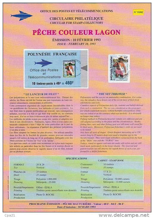 Circulaire Philatélique N° 93-02 Office Des Postes POLYNESIE FRANCAISE 1 Timbre PECHE COULEUR LAGON - Polynésie Française