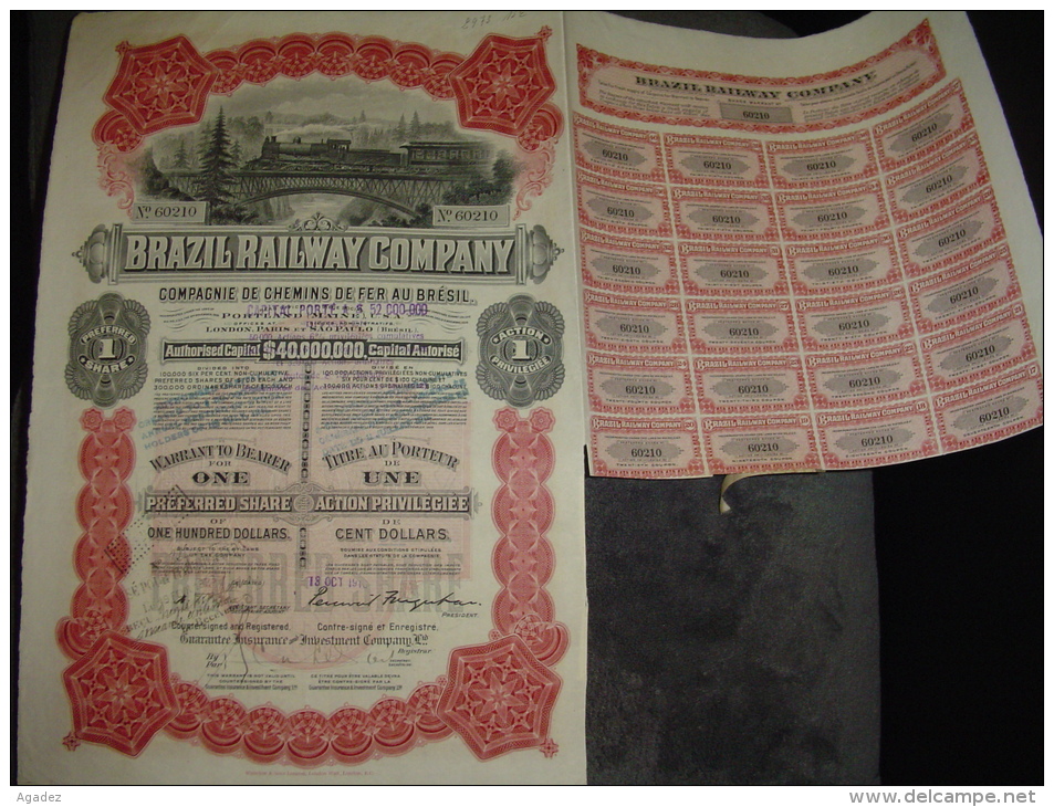 Action Privilégiée "Brazil Railway Cy"Sao Paulo Brésil 1909 Capital $40000000 Reste Des  Copupons - Chemin De Fer & Tramway