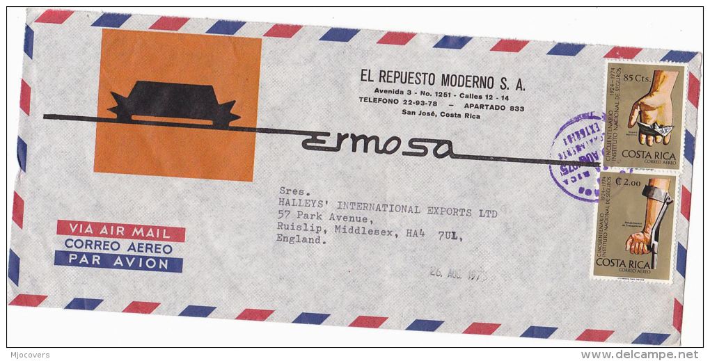 1975 Air Mail COVER COSTA RICA Illus ERMOSA ADVERT  2x 85c National Security  Stamps To GB - Costa Rica