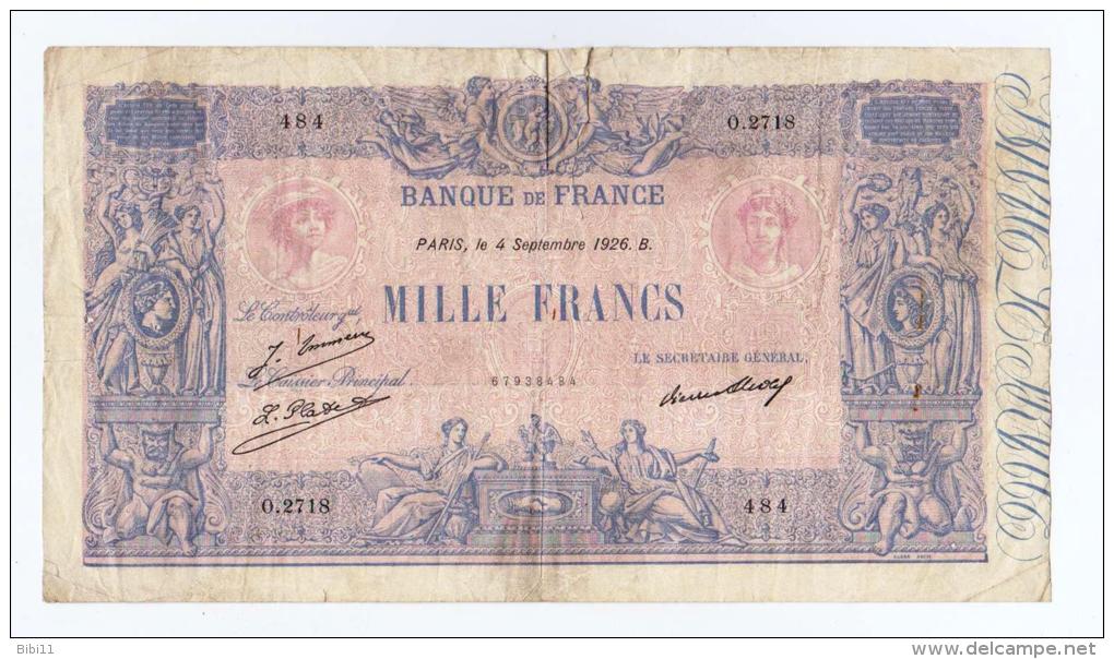 BILLET DE 1000 FRANCS "BLEU ET ROSE" Du 4 SEPTEMBRE 1926  .Série O.2718 - 1 000 F 1889-1926 ''Bleu Et Rose''