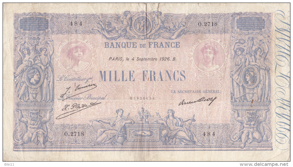 BILLET DE 1000 FRANCS "BLEU ET ROSE" Du 4 SEPTEMBRE 1926  .Série O.2718 - 1 000 F 1889-1926 ''Bleu Et Rose''