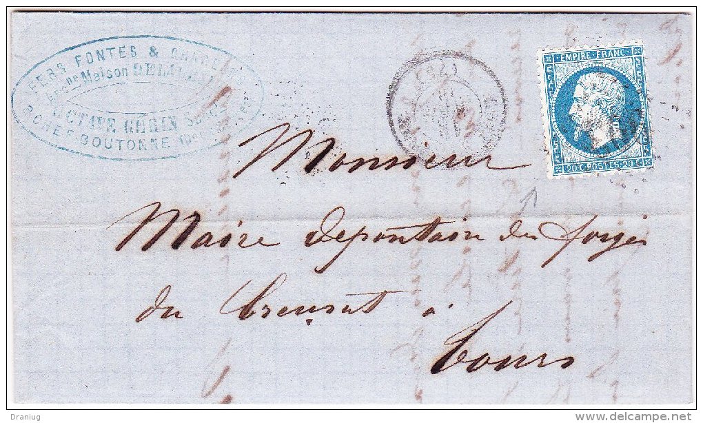 N°22 Sur Lettre De Chef-Boutonne (Deux-Sèvres) à Tours - Avril 1866 - 1849-1876: Période Classique