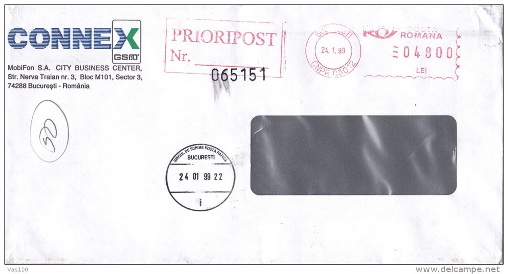 CONNEX,TELEPHONE COMPANY,METER MARK ON COVER,04800 LEI,1999,ROMANIA - Briefe U. Dokumente