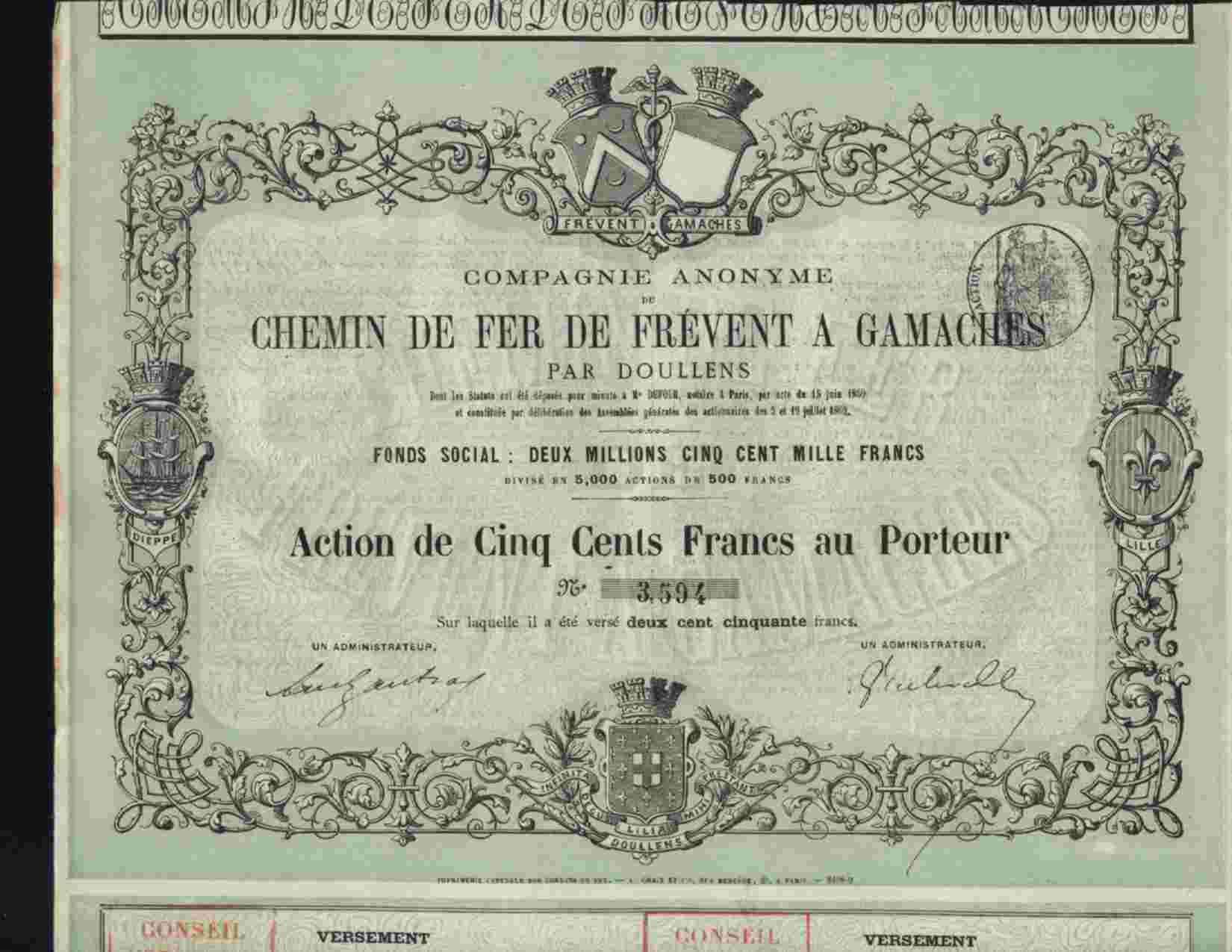 RARE : CHEMIN DE FER DE FREVENT A GAMACHES ( PAR DOULLENS )    1869 - Spoorwegen En Trams